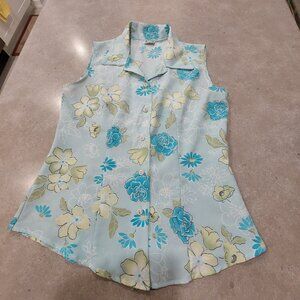 VAMP Women's Blue Floral Button Down Sleeveless Blouse - Multi-Colors Medium